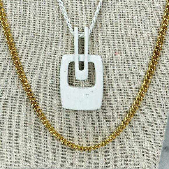 White and Gold Tone Double Strand Pendant Chain Link Necklace - Picture 2 of 6